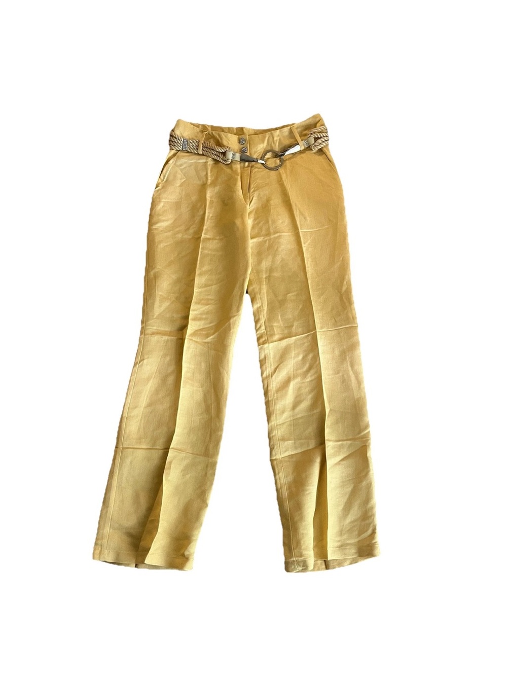 NWT Women's Pastel Yellow Linen Blend Belted Straight Pants Size L Embellished